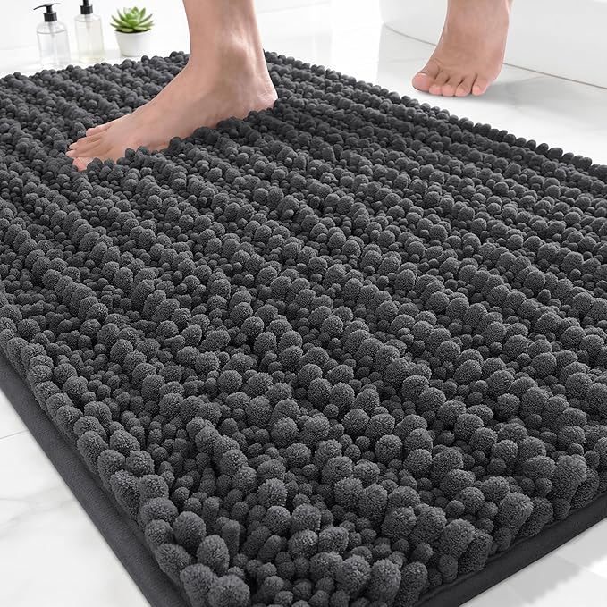Yimobra Bathroom Rugs Non Slip Washable - Ultra Soft Absorbent Chenille Bath Mat, Quick Dry Shaggy Floor Carpet for Tub Shower, Dark Gray Home Decor Accessories, 24x17 Inch