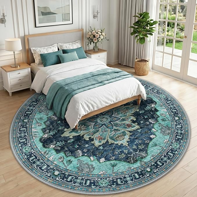 RELEANY Area Rugs Round 10ft Washable Non-Slip, Floral Vintage Distress Medallion Carpet for Living Room Bedroom Dining Room, Teal Green Lake Blue Turquoise