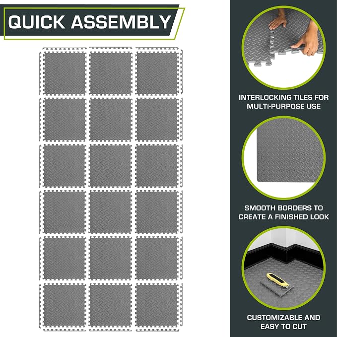 ProsourceFit Exercise Puzzle Mat 1/2-inch, EVA Interlocking Foam Floor Tiles for Home Gym, Workout Equipment, Kids Play Areas, Gray, 72 SQ FT - 18 Tiles
