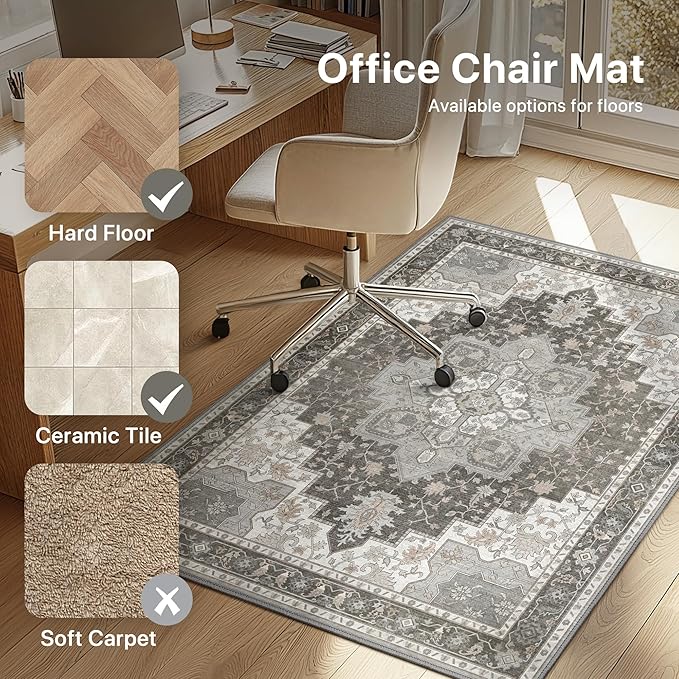 36"x60" Office Chair Mat for Hardwood Tile Floor, Under Desk Carpet Protector for Rolling Computer Chair Mat, Machine Washable Area Rug, Anti-Slip 1/5" Thick Low Pile Thin Vinyl Floor Mat, Tawny Grey