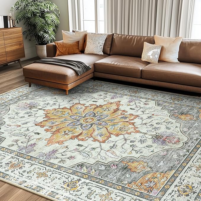 RELEANY Area Rugs 8'x10' Washable Non-Slip, Floral Vintage Distress Medallion Carpet for Living Room Bedroom Dining Room, Beige Carbon Grey Orange