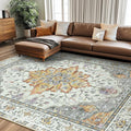RELEANY Area Rugs 8'x10' Washable Non-Slip, Floral Vintage Distress Medallion Carpet for Living Room Bedroom Dining Room, Beige Carbon Grey Orange