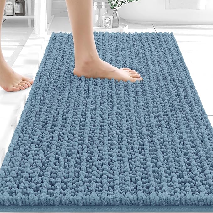 OLANLY Bathroom Rug Mat 30x20, Thick Soft and Absorbent Chenille Bath Mat, Non-Slip Rubber Backing, Machine Washable Quick Dry Bath Rugs for Tub Shower Floor, Home Decor Accessories, Airy Blue