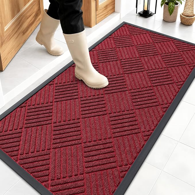 OLANLY Front Door Mat Outside Entrance 47x23, Absorbent, Heavy Duty Sturdy Natural Rubber Doormat Indoor Outdoor, Stain Fade Resistant, Non-Slip Low Profile Floor Mat for Entryway, Black Red Diamond