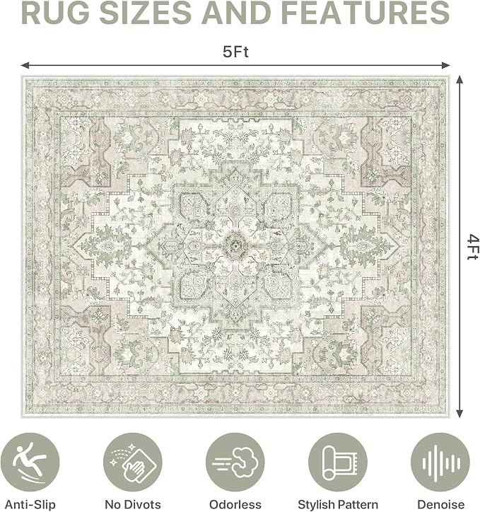 48"x60" Office Chair Mat for Hardwood Tile Floor, Under Desk Carpet Protector for Rolling Computer Chair Mat, Machine Washable Area Rug, Anti-Slip 1/5" Thick Low Pile Thin Vinyl Floor Mat, Mint