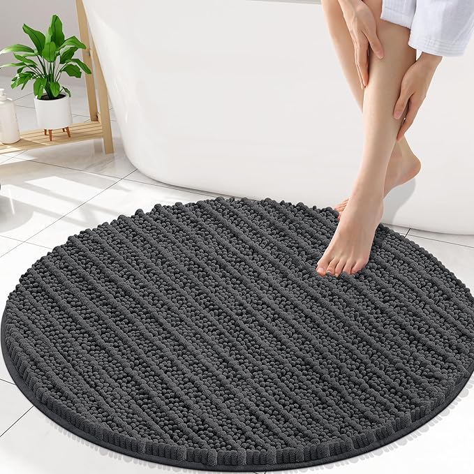 Smiry Bathroom Rugs Mat Round 30x30, Soft Absorbent Chenille Bath Rugs, Non Slip Rubber Backing Machine Washable Quick Dry Bath Mats for Bathroom Floor, Tub, Shower, Home Decor Accessories, Dark Grey
