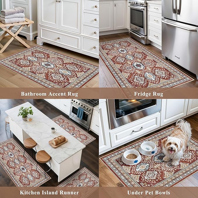 Washable Non-Slip Kitchen Rugs Set of 3 – Boho Soft Mats and Runner for Bathroom, Entryway, Hallway Room – Stain-Resistant Low-Pile Indoor Carpet (Red, 2x3+2x4+2x5)