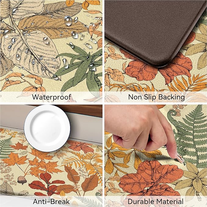 Orange Brown Botanical Kitchen Rugs Set of 2 Fall Maple Anti-Fatigue Kitchen Mat Natural Comfort Standing Waterproof PVC Mats 2/5" Thick Leather Carpet for Laundry Office Sink(17.3"x28"+ 17.3"x47")