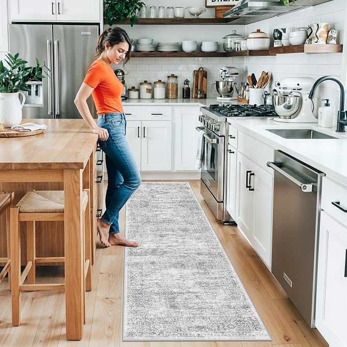 Runner Rug 2x8 Washable Hallway: Non Slip Kitchen Runners with Rubber Backing Vintage Farmhouse Neutral Boho Cream Soft Carpet for Bathroom Bedroom Entryway, Grey/Ivory