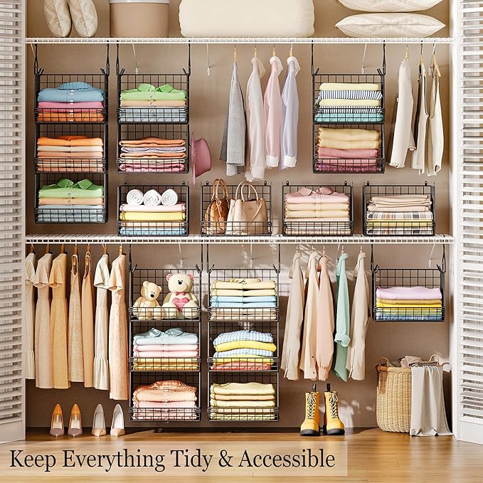 X-cosrack 3-Tier Hanging Closet Organizer, Laundry Room Organization | Space Saving Shelves with 1.65" Hook & 5 S-Hooks | Hanging Wire Baskets (12.4" W x 8.8" H x 10.24-11.8" D)