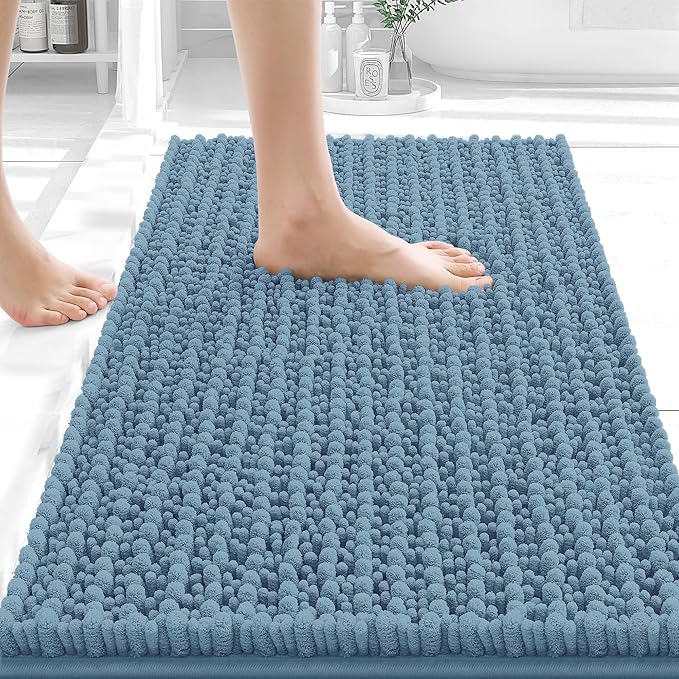 OLANLY Bathroom Rug Mat 24x16, Thick Soft and Absorbent Chenille Bath Mat, Non-Slip Rubber Backing, Machine Washable Quick Dry Bath Rugs for Tub Shower Floor, Home Decor Accessories, Airy Blue