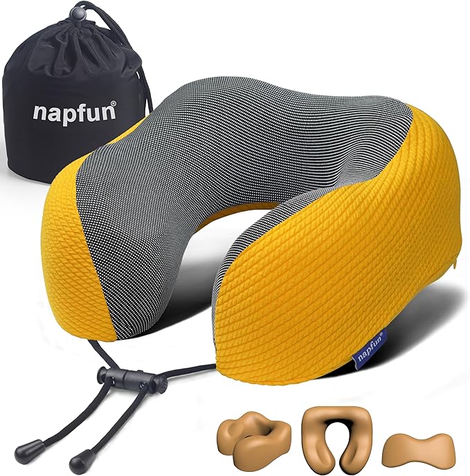 napfun Neck Pillow for Traveling, Upgraded Travel Neck Pillow for Airplane 100% Pure Memory Foam Travel Pillow for Flight Headrest Sleep, Portable Plane Accessories, Yellow