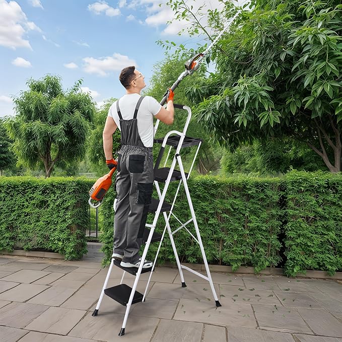 ZENY 5 Step Ladder, Step Stool Foldable with Anti-Slip Pedal & Comfortable Handrail, Sturdy Steel Ladder, Protable Heavy Duty Step Stool for Kitchen, Garage & Outdoor Use (White)