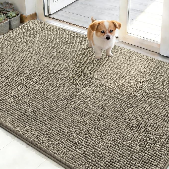 OLANLY Dog Door Mat for Muddy Paws 50x30, Absorbs Moisture and Dirt, Absorbent Non-Slip Washable Doormat, Quick Dry Chenille Mud Mat, Entry Indoor Entryway Carpet for Inside Floor, Warm Taupe