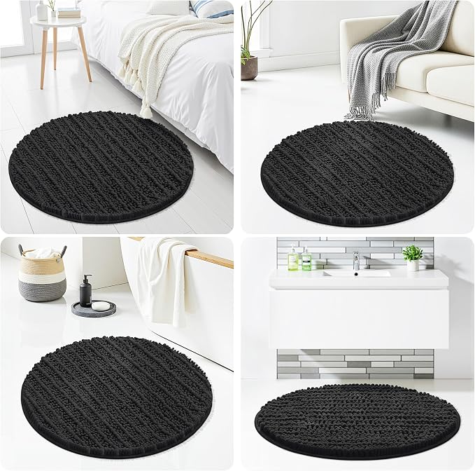 Smiry Bathroom Rugs Mat Round 24x24, Soft Absorbent Chenille Bath Rugs, Non Slip Rubber Backing Machine Washable Quick Dry Bath Mats for Bathroom Floor, Tub, Shower, Home Accessories, Black