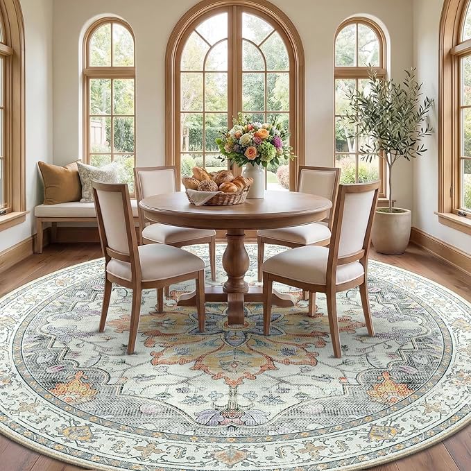 RELEANY Area Rugs Round 10ft Washable Non-Slip, Floral Vintage Distress Medallion Carpet for Living Room Bedroom Dining Room, Beige Carbon Grey Orange