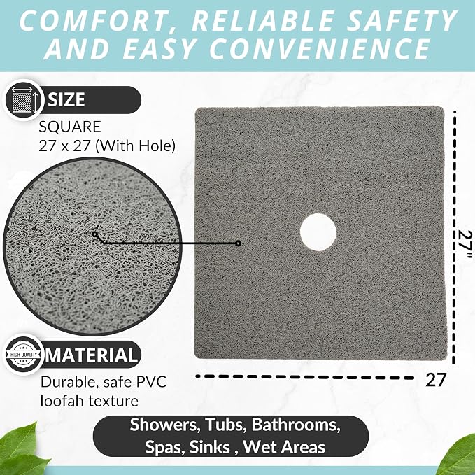 Enkosi Loofah Shower Mat with Drain Hole – Cushioned Anti-Slip Square Bath Mat for Showers, and Bathroom Floors – Textured PVC, Non Slip Safety Pad for Walk-in Stalls and Wet Areas (27x27 Grey)
