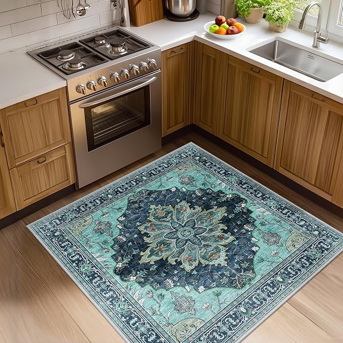 RELEANY Area Rugs Square 4ft Washable Non-Slip, Floral Vintage Distress Medallion Carpet for Living Room Bedroom Dining Room, Teal Green Lake Blue Turquoise