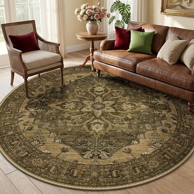 RELEANY Area Rugs Round 6ft Washable Non-Slip, Floral Vintage Distress Medallion Carpet for Living Room Bedroom Dining Room, Brown Dark Brown
