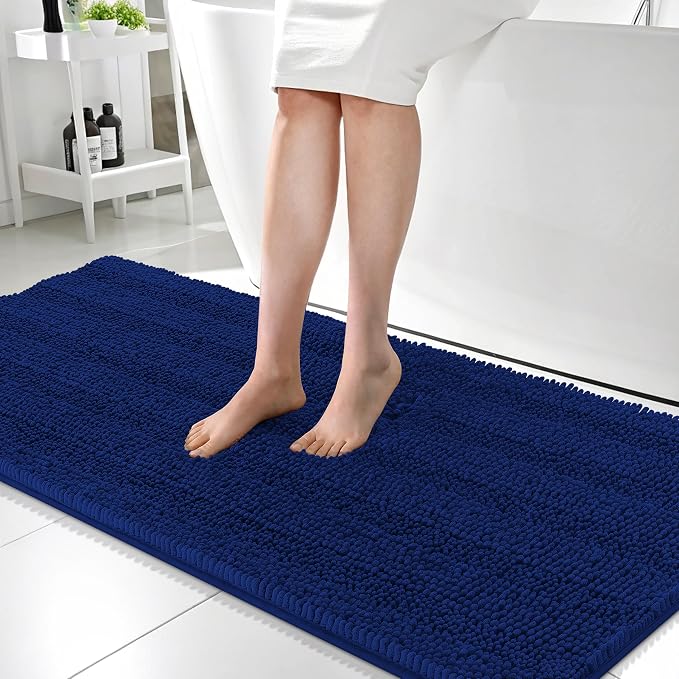 OLANLY Thick Bathroom Runner Rugs 59x24, Absorbent Chenille Striped Bath Rugs, Rubber Backing, Machine Wash Dry, Extra Long Bath Mats for Bathroom Floor, Tub and Shower, Home Decor Accessories, Navy