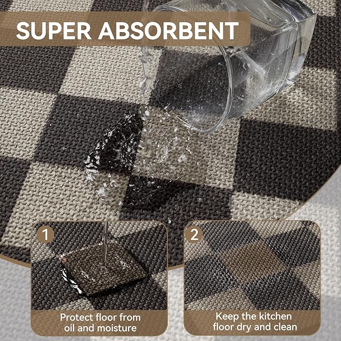 YDKGL Kitchen Mats for Floor, Super Absorbent Kitchen Rugs Non Slip Washable, Linen-Look Woven Cushion Kitchen Runner Rug, Kitchen Sink Standing Mat, Black Beige Checkered 17"x30"