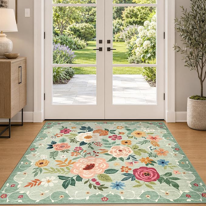 DUKINO 4x4 Square Area Rug, Floral Indoor Floor Washable Entryway Rug with Low Pile Design, Boho Non Slip Thin Doormat Carpet for Kitchen, Bedroom, Living Room, Office, Kids Playroom, Green