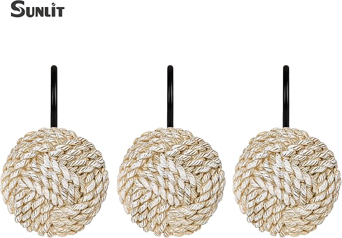 Sunlit Boho Knots Shower Curtain Hooks, Home Decorative Shower Curtain Rings with Black Hooks for Bathroom, Seaside Nautical Shower Curtain Hangers Bathroom Accessories, Set of 12