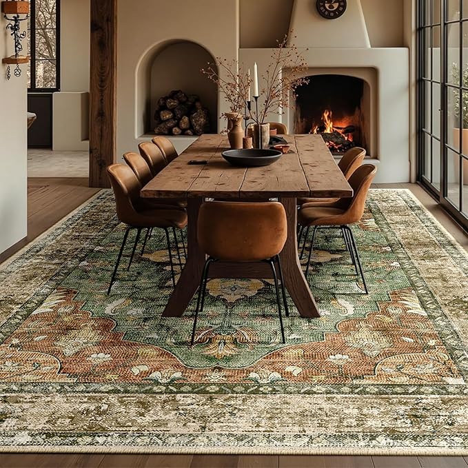 RELEANY Area Rugs Large 10'x12' Washable Non-Slip, Floral Vintage Distress Medallion Carpet for Living Room Bedroom Dining Room, Terracotta Burnt Orange Green