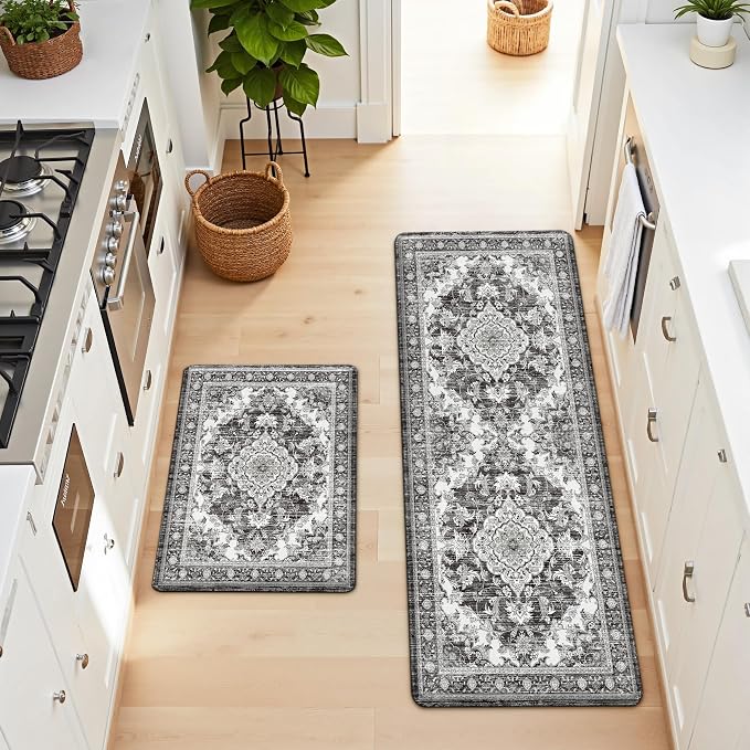 Boho Kitchen Mats for Floor 2 Piece Set Anti Fatigue Cushioned PVC Kitchen Rugs Non Slip Waterproof Farmhouse Mats 2/5 Inch Comfort Standing Mat for Sink, Laundry, 17.3"x59"+17.3"x28", Grey