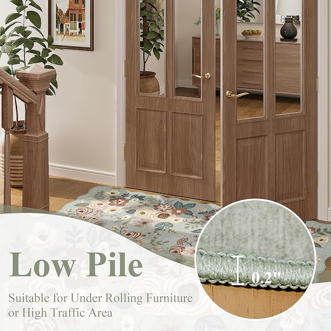 DUKINO 2x8 Washable Runner Rug, Soft Floral Hallway Rug Runner with Low Pile Design, Non Shedding & Non Slip Backing Thin Indoor Carpet for Bedroom, Bathroom, Entrance, Kitchen, Sage Green
