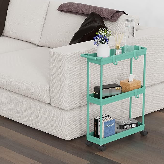 Simple Houseware 3-Tier Slim/Narrow Storage Cart with Handle, 5.5'' Wide x 27.5'' Height Rolling Organizer for Kitchen, Bathroom, Laundry Room - Turquoise