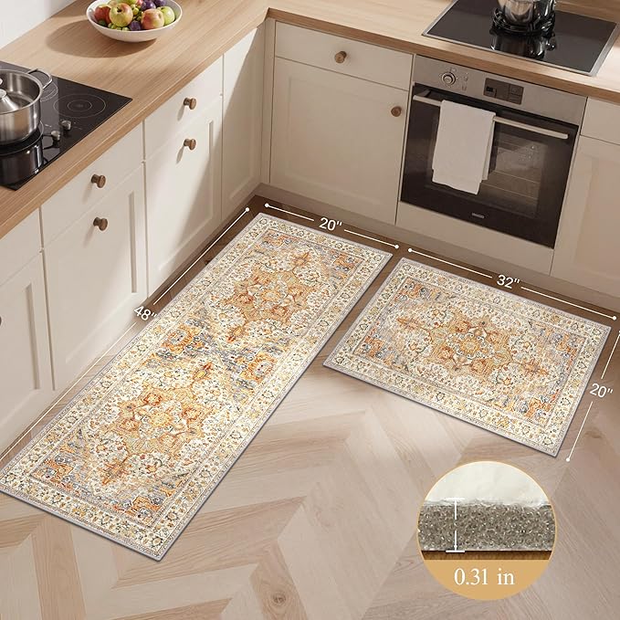 GENIMO Kitchen Rugs Non Slip Washable, 2PCS Kitchen Mats for Floor, Cushioned Standing Mat, Kitchen Runner Rug Floor Mat for Kitchen Decor, Laundry, Sink, Home, 20"x32"+20"x48", Orange&Brown