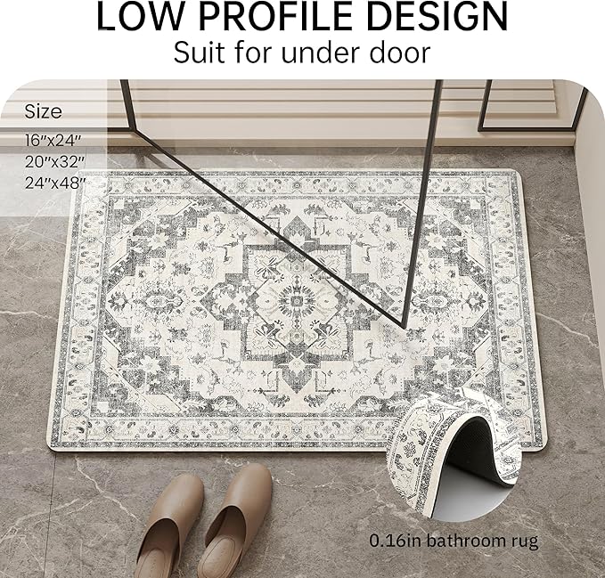 Mecko Bath Mat, Ultra Absorbent Quick Dry Bathroom Floor Mats-Rubber Non-Slip Thin Bathroom Rug Fit Under Door, Faux Suede Surface Shower Rug for Bathtub, Sink, Shower Room(Grey/White,16"x24")