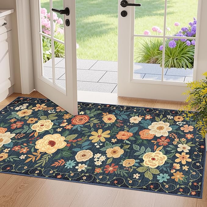 DUKINO 2x4 Rug for Entryway, Washable Kitchen Floral Runner Rug with Non Slip Backing, Low Pile Soft Boho Carpet for Kitchen, Hallway, Entryway, Laundry, Bedroom, Navy Blue