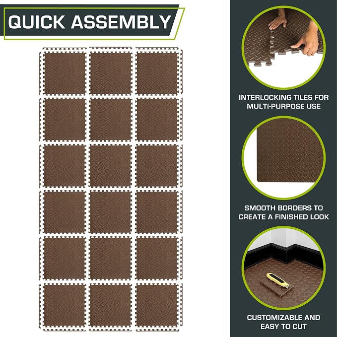 ProsourceFit Exercise Puzzle Mat 1/2-inch, EVA Interlocking Foam Floor Tiles for Home Gym, Workout Equipment, Kids Play Areas, Brown, 72 Sq Ft - 18 Tiles
