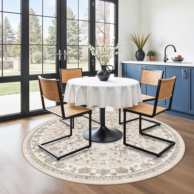 Round Kitchen Rugs 6ft Washable: Non-Slip Soft Low Pile Circle Area Rug for Under Table Living Room Dining Room Bedroom – Boho Floral Circular Floor Indoor Carpet (Beige,6x6)