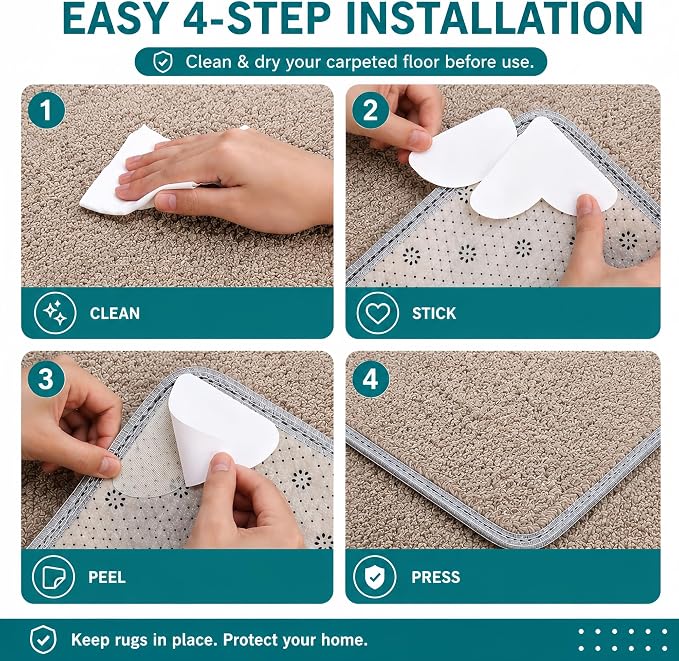 20 PCS Carpet-to-Carpet Rug Corner Grippers, Cloth-Backed Non Slip Pads for Area Rugs Over Carpet, Double-Sided Rug Stoppers Prevent Sliding, Curling & Bunching, Keep Rug Corners Flat (Patented Mesh)