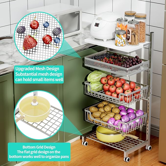 HapiRm Fruit Basket Kitchen Cart - 5 Tier Adjustable Vegetable Storage Rack, Large Capacity Rolling Kitchen Carts on Wheels for Snack Onion and Potato Storage