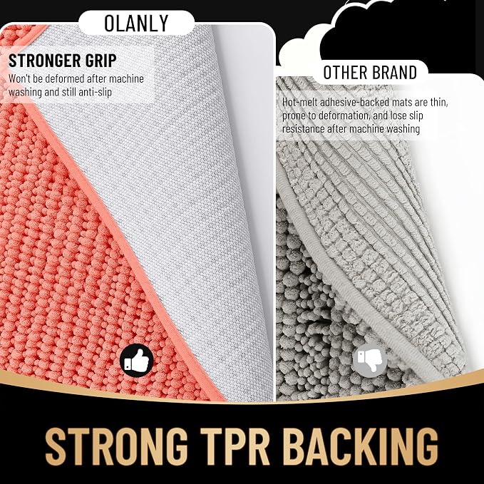 OLANLY Thick Bathroom Runner Rugs 47x20, Extra Soft Absorbent Chenille Bath Rugs, Rubber Backing, Machine Wash Dry, Long Bath Mats for Bathroom Floor, Tub and Shower, Home Decor Accessories, Coral