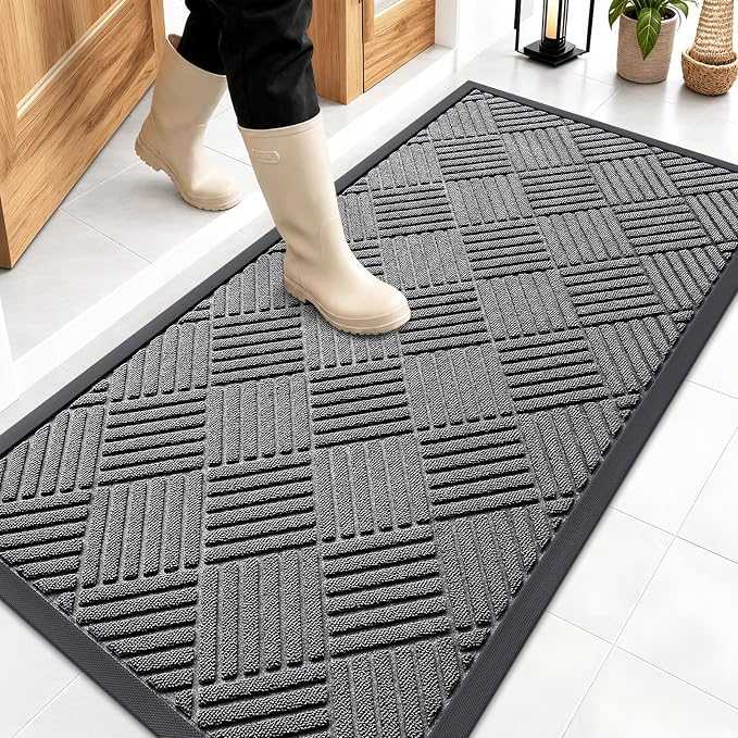 OLANLY Front Door Mat Outside Entrance 47x23, Absorbent, Heavy Duty Sturdy Natural Rubber Doormat Indoor Outdoor, Stain and Fade Resistant, Non-Slip Low Profile Floor Mat for Entryway, Grey Diamond