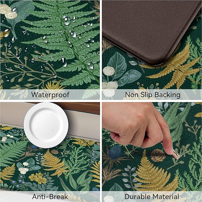 Dark Green Botanical Kitchen Rugs Set of 2 Plant Leaf Anti-Fatigue Kitchen Mat Natural Comfort Standing Waterproof PVC Mats 2/5" Thick Leather Carpet for Laundry Office Sink(17.3" x28" + 17.3" x 47")