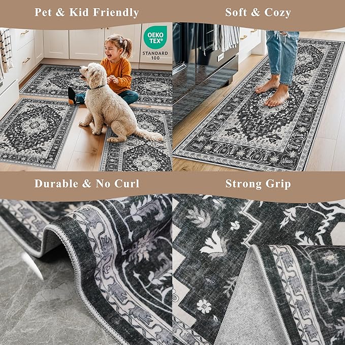 3-Piece Non-Slip Machine Washable Kitchen Rug Set with Runner – Soft Low Pile Thin Boho Kitchen Rugs for Hardwood Floor, Sink & Entryway, Pet-Friendly (Dark Grey, 2x3,2x4,2x5)