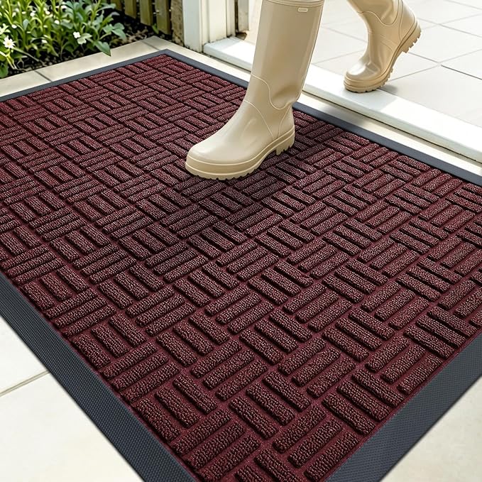 OLANLY Front Door Mat Outside Entrance 35x23, Absorbent, Heavy Duty Sturdy Natural Rubber Doormat Indoor Outdoor, Non-Slip, Stain and Fade Resistant, Low Profile Floor Mat for Entryway, Burgundy