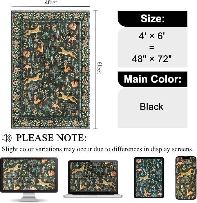 DUKINO 4x6 Rug, Washable Animal Area Rug with Non Slip Vintage Design, Indoor Soft Low Pile Carpet for Bedroom, Nursery, Dining Room, Farmhouse, Playroom, Black