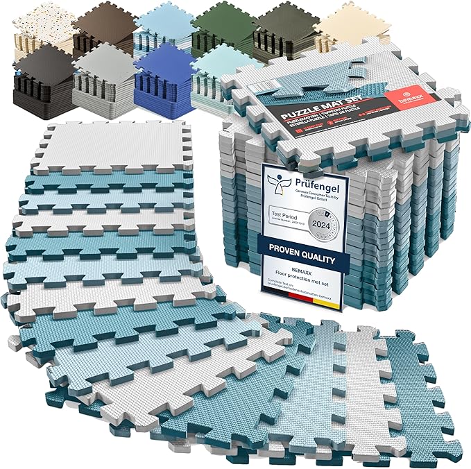 bemaxx Gym Mats Set - 18 pcs EVA Interlocking Foam Floor Tiles (12.6"x12.6"x0.4") 18sqft Protective Gym Flooring Sports Home Workout Exercise Mats Puzzle Garage Fitness Play-Room Pool Treadmill Bike