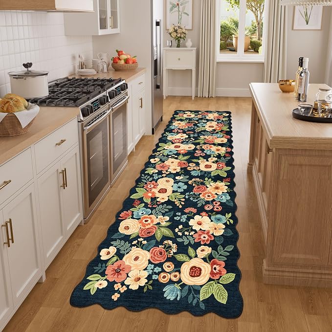 DUKINO Washable Runner Rug, 2x7 Lightweight Soft Floral Hallway Rug Runner with Low Pile Design, Non Shedding & Non Slip Backing Thin Indoor Carpet for Bedroom, Bathroom, Entrance, Kitchen, Navy Blue