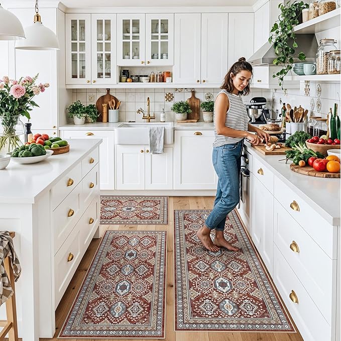 Washable Non-Slip Kitchen Rugs Set of 3 – Boho Soft Mats and Runner for Bathroom, Entryway, Hallway Room – Stain-Resistant Low-Pile Indoor Carpet (Red, 2x3+2x4+2x5)