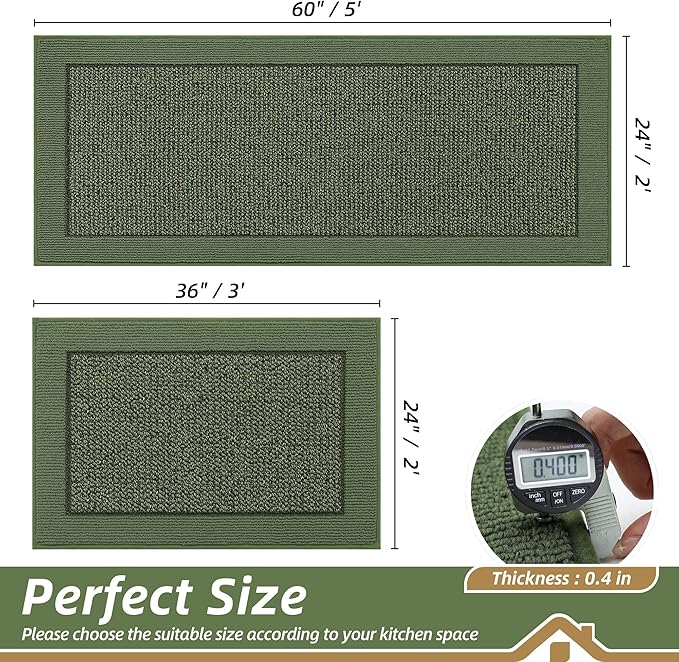 BEQHAUSE Kitchen Rugs and Mats Set of 2 Non-Slip Kitchen Mats for Floor, Absorbent and Stain Resistant Kitchen Runner, Machine Washable Rugs for Kitchen, Laundry & Sink, 24"x36"+24"x60", Green