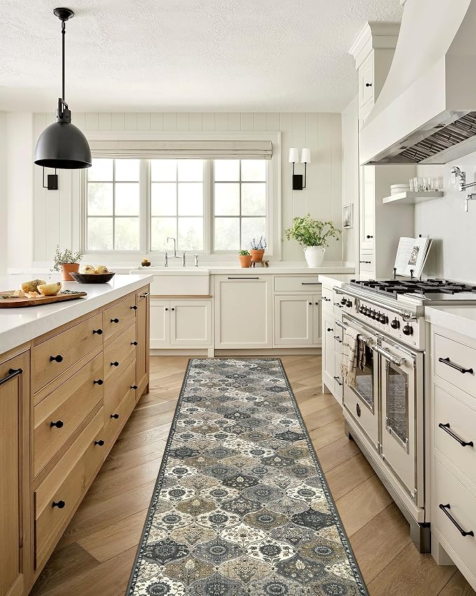 Lahome Moroccan Washable Runner Rug Non Slip, 2x10 Runner Rugs for Hallway 2x10 Vintage Ultra-Thin Throw Long Carpet for Kitchen Entryway Bedroom Laundry Room Elise, Grey