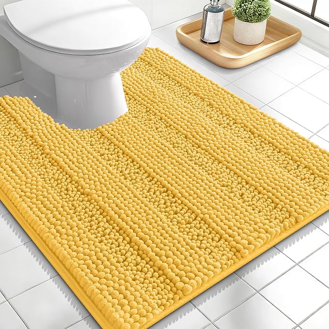 OLANLY Thick Toilet Rugs U-Shaped 24x20, Extra Soft Absorbent Chenille Striped Contour Bathroom Rugs for Toilet, Dry Quickly, Machine Washable, Non-Slip Bath Mat, Yellow